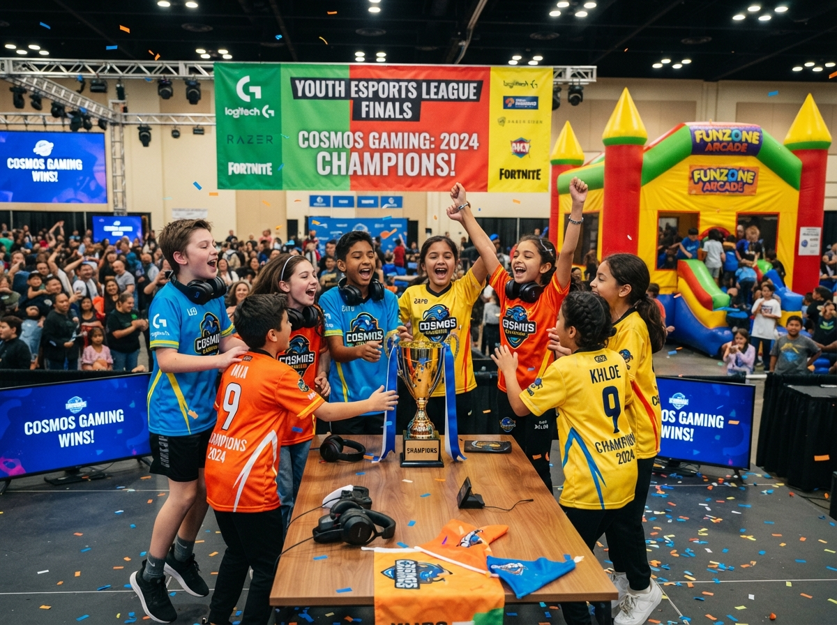 Young gamers in team jerseys celebrating at a youth esports league event