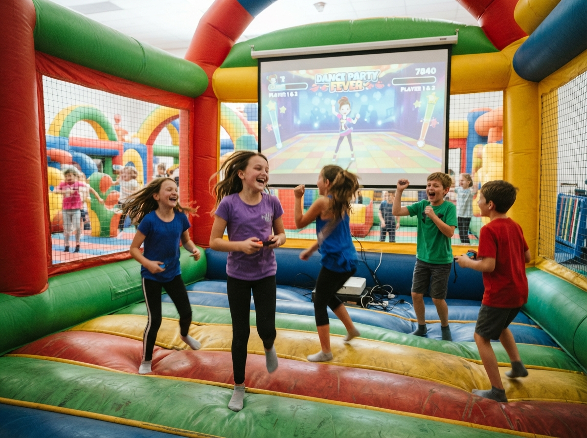 Kids playing motion-controlled console games inside a colorful inflatable bouncy arena