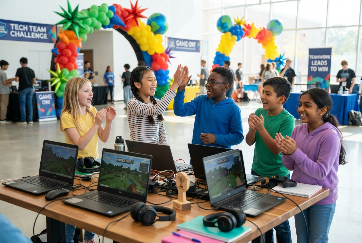 Kids collaborating around a gaming table, high-fiving and smiling, showing teamwork and sportsmanship