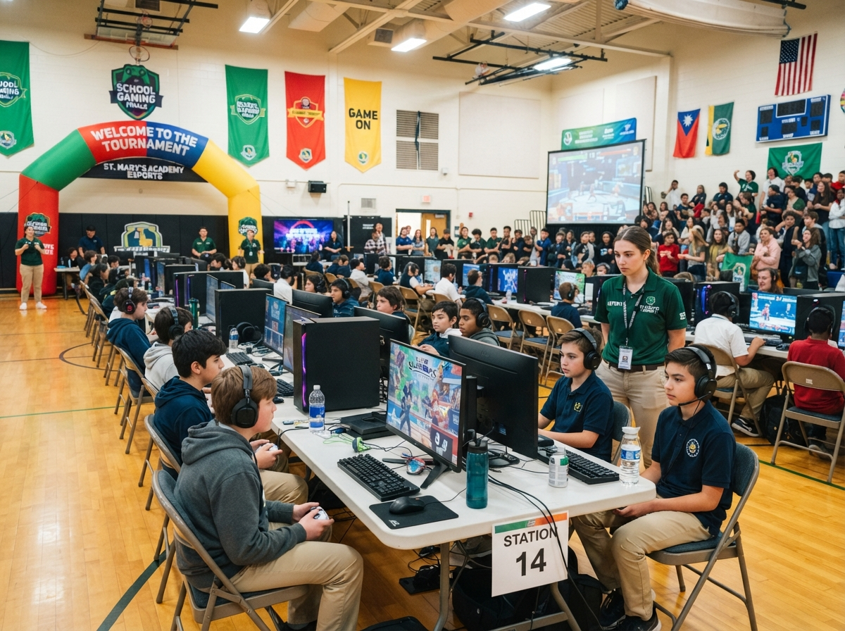 School gaming tournament in a bright gymnasium with supervised gaming stations