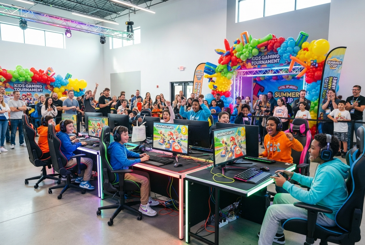 Cheerful kids playing a video game tournament at colorful gaming stations with inflatable decorations