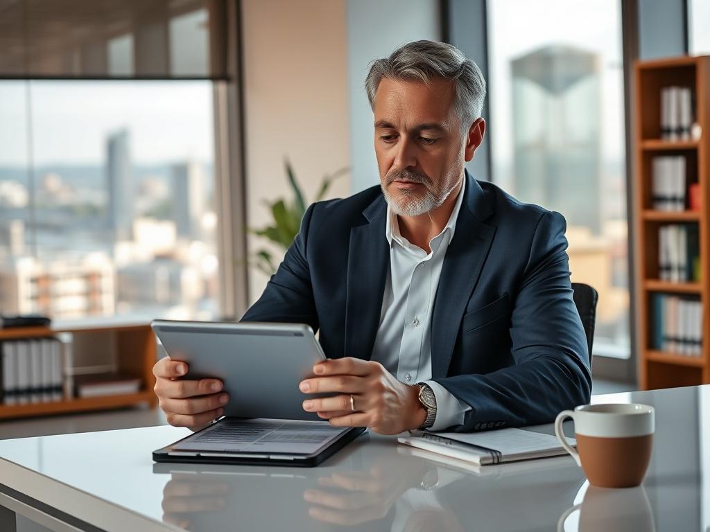 **AI Image Generation Prompt:**

Create a realistic high-resolution photo featuring a single subject: a professional financial advisor seated at a sleek, modern desk in an office environment. The advisor is a middle-aged Caucasian man in a well-fitted navy blazer and a white shirt, appearing focused and engaged as he interacts with a sophisticated tablet displaying risk assessment data. 

The composition should emphasize clarity and simplicity, with the advisor centered in the frame. The background should s