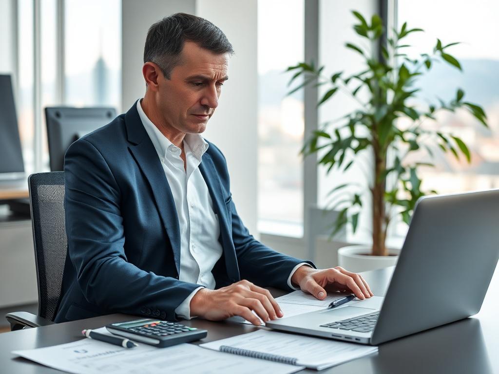 **AI Image Generation Prompt:**

Create a realistic high-resolution photo focusing on a financial advisor conducting a risk assessment. The main subject, a middle-aged man with short, dark hair, is seated at a modern desk with a sleek laptop open in front of him. He is dressed in a crisp white shirt and a navy blazer, exuding professionalism and confidence. 

The background features a well-organized office space with soft lighting, highlighting a large window that lets in natural light, showcasing the Zuric