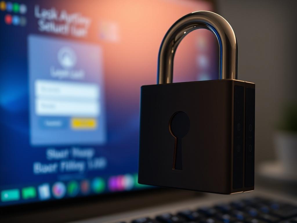 A high-resolution close-up shot of a digital padlock symbolizing online security, set against a blurred background of a computer screen displaying a login page. The image highlights the importance of security in online platforms, with a focus on clarity and realism.