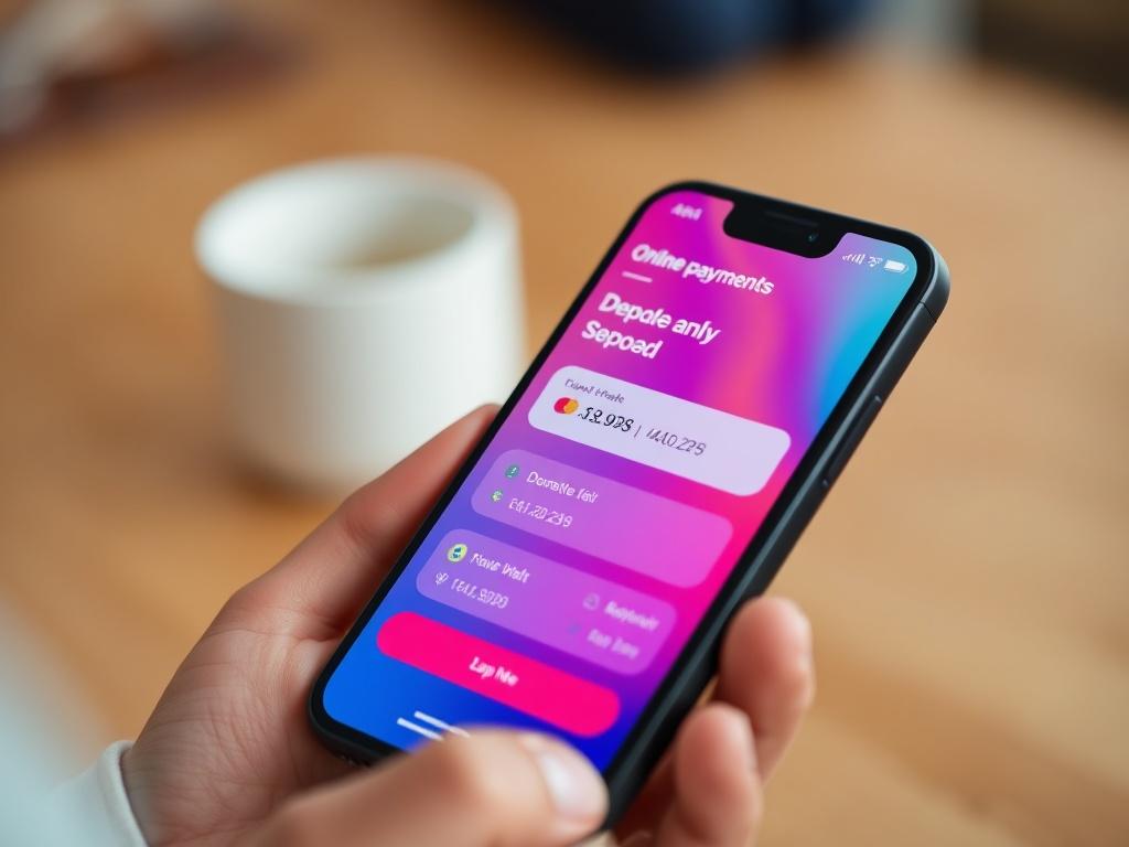 A close-up shot of a smartphone displaying a user-friendly app interface for online payments, showcasing the ease of deposits and withdrawals. The background is softly blurred, emphasizing the app's vibrant colors and user engagement.