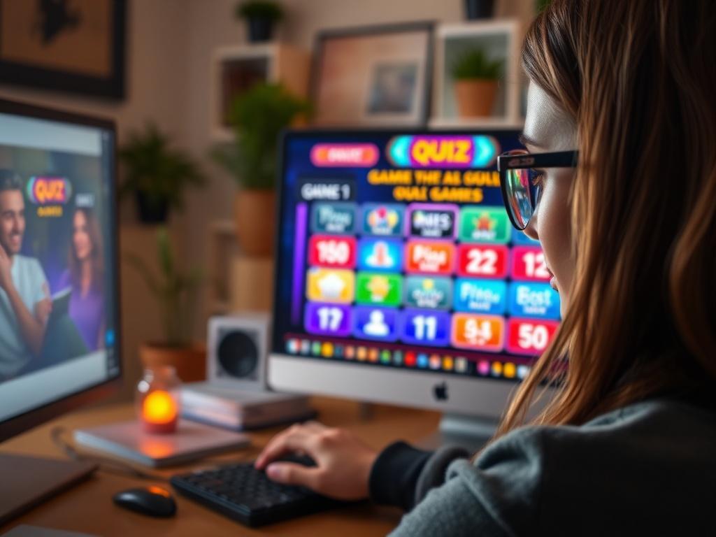 A close-up shot of a person focused on a computer screen displaying a colorful quiz interface, with vibrant quiz options visible. The background is a cozy home office setting, emphasizing engagement and enjoyment. The image has a hyper-realistic quality, capturing the excitement of online gaming.