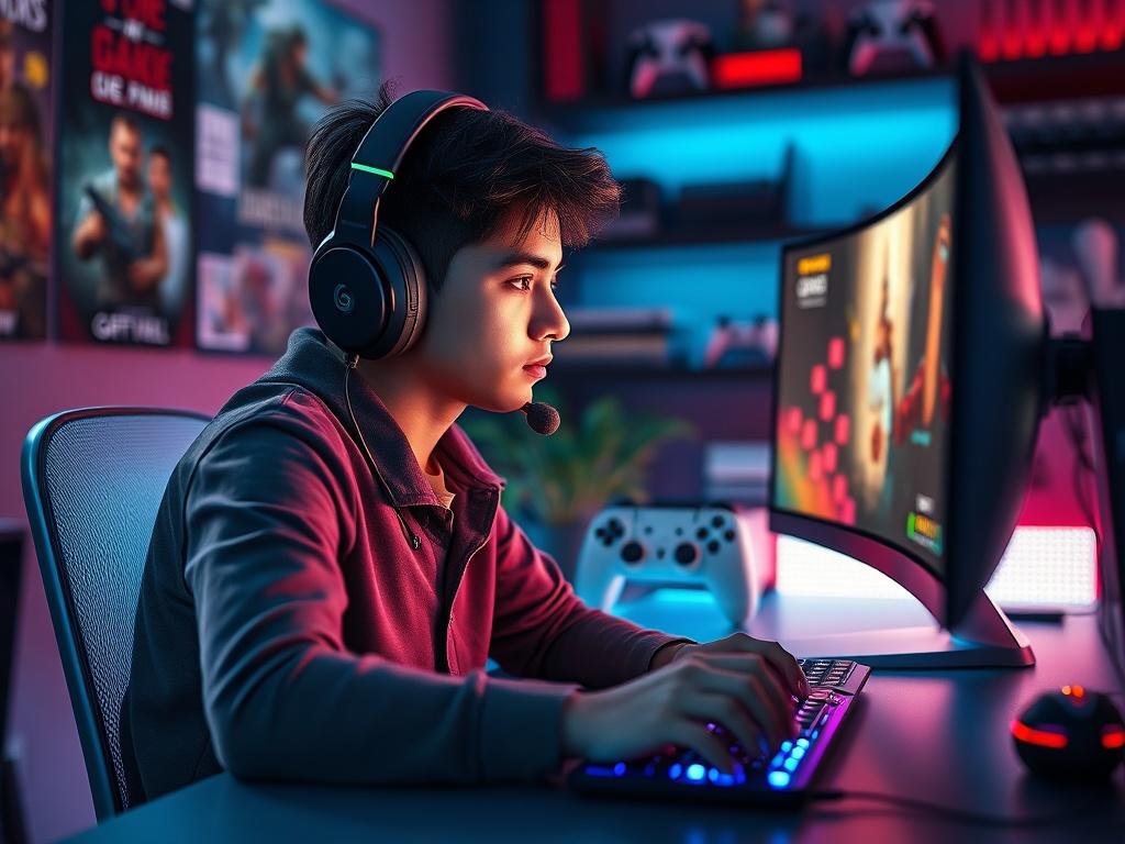 **AI Image Generation Prompt:**

Create a hyper-realistic high-resolution photo that captures the essence of an online gaming platform. The image should focus on a single, captivating subject: a young adult gamer, wearing a headset and intensely focused on a gaming monitor displaying colorful graphics and exciting gameplay. The gamer should be seated at a sleek, modern desk, with a gaming keyboard and mouse illuminated by LED lights. 

In the background, subtly include a dimly lit room filled with gaming me