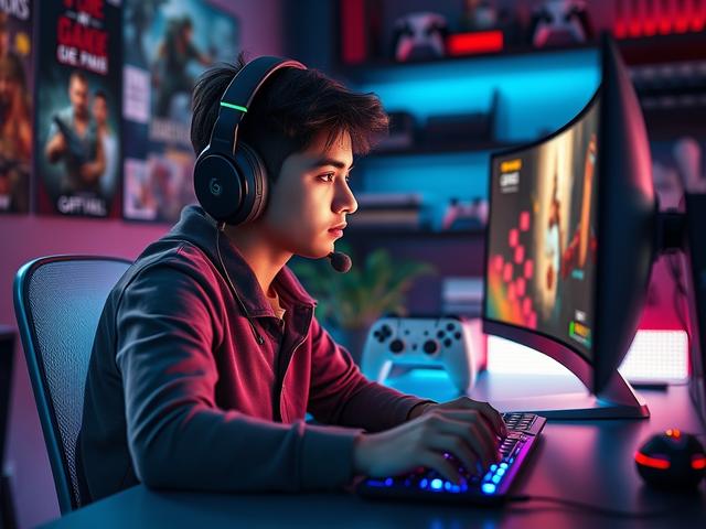 **AI Image Generation Prompt:**

Create a hyper-realistic high-resolution photo that captures the essence of an online gaming platform. The image should focus on a single, captivating subject: a young adult gamer, wearing a headset and intensely focused on a gaming monitor displaying colorful graphics and exciting gameplay. The gamer should be seated at a sleek, modern desk, with a gaming keyboard and mouse illuminated by LED lights. 

In the background, subtly include a dimly lit room filled with gaming me