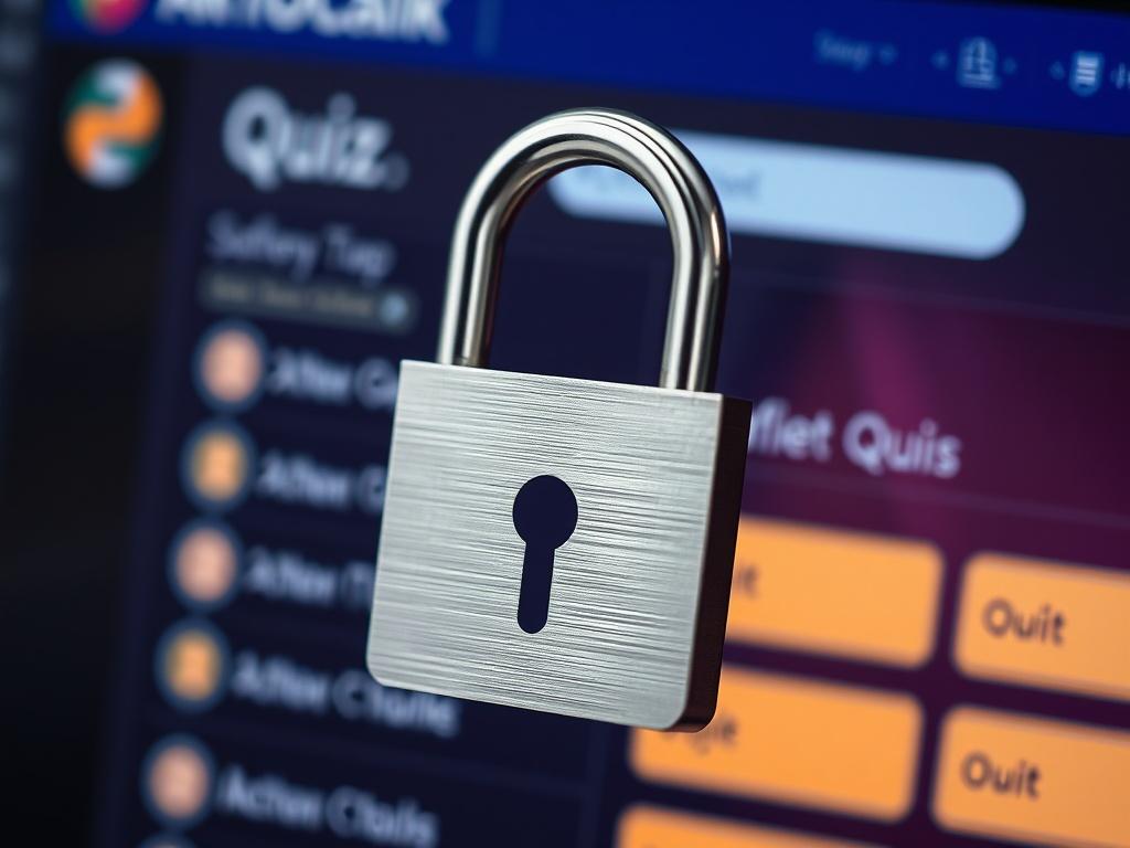 A high-resolution close-up shot of a padlock symbol over a digital screen, symbolizing security. The screen displays a blurred quiz interface in the background, suggesting a quiz platform. The focus is on the padlock, emphasizing safety and security. Shot with a 45mm f/1.2 lens, with the primary color of rgb(2, 86, 197) in the background.