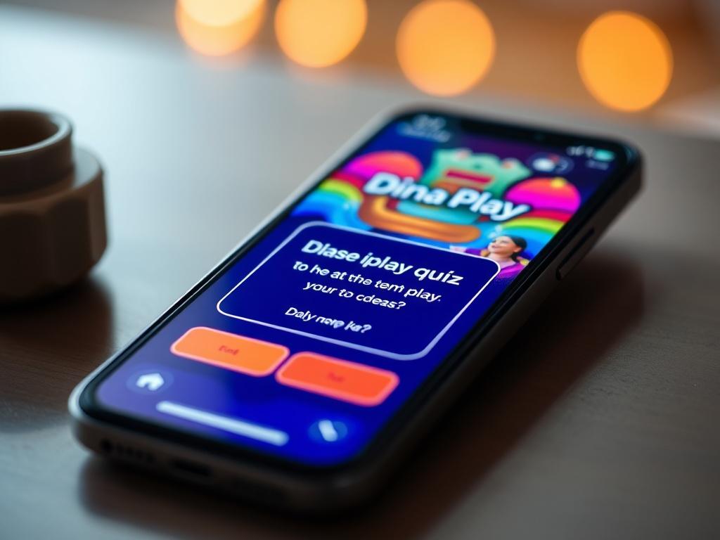 A high-resolution close-up shot of a smartphone displaying the DianaPlay quiz interface. The screen shows a vibrant quiz question with colorful graphics. The background is softly blurred, emphasizing the phone and screen. The image is shot with a 45mm f/1.2 lens, capturing the details clearly. The primary color of the composition is rgb(2, 86, 197).
