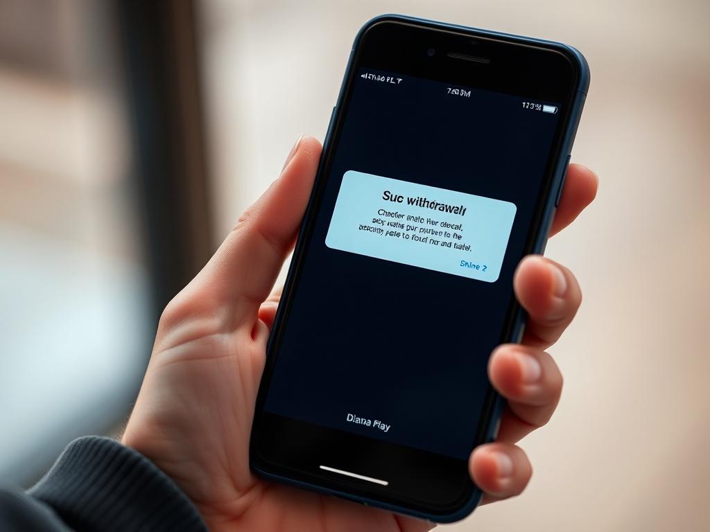 A high-resolution close-up shot of a hand holding a smartphone showing a successful withdrawal notification from DianaPlay. The background is a soft blur that highlights the phone and the notification. The image is shot with a 45mm f/1.2 lens, capturing the moment of excitement with the primary color rgb(2, 86, 197) as an accent.