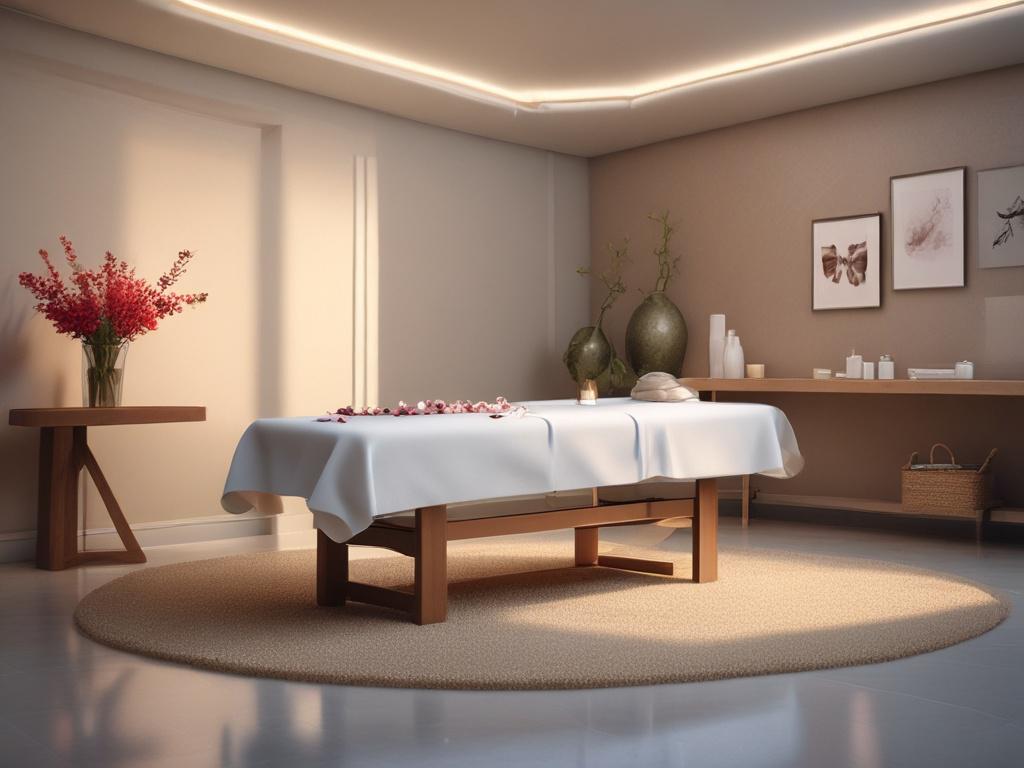 A serene massage room with soft lighting, featuring a massage