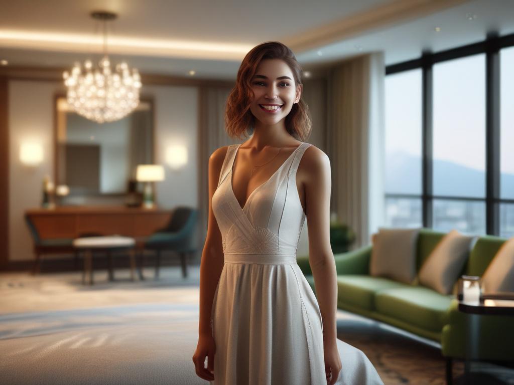 A beautiful young woman in an elegant dress, standing in