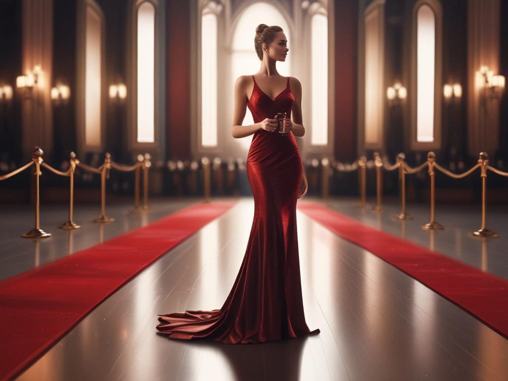 A glamorous woman in an elegant evening gown, standing with