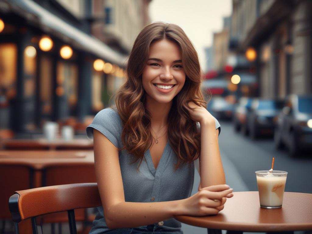 A beautiful young woman in a stylish outfit, sitting elegantly