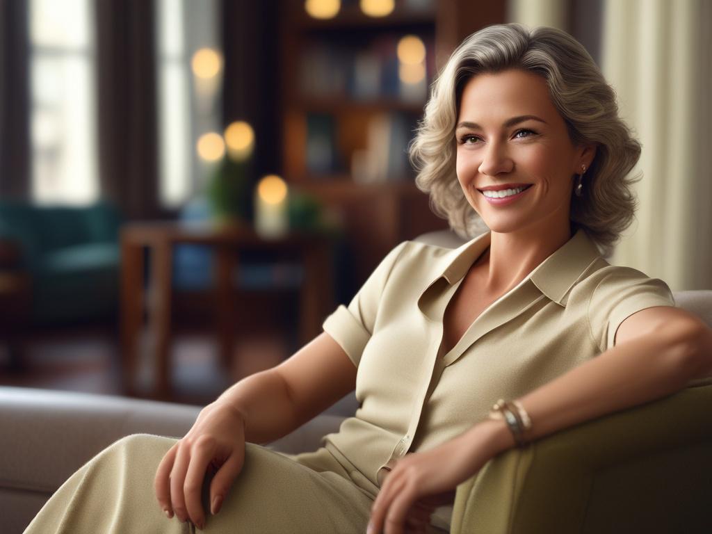 An elegant mature woman with a warm smile, seated comfortably