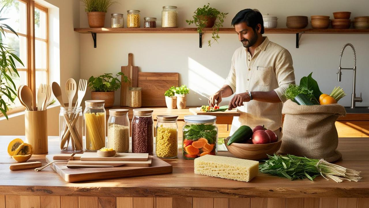 a beautifully organized zero-waste kitchen setup featuring eco-friendly products. a rustic wooden countertop holds bamboo utensils, reusable glass jars filled with pantry staples like grains and pasta, a compost bin, and beeswax wraps covering fresh.jpg