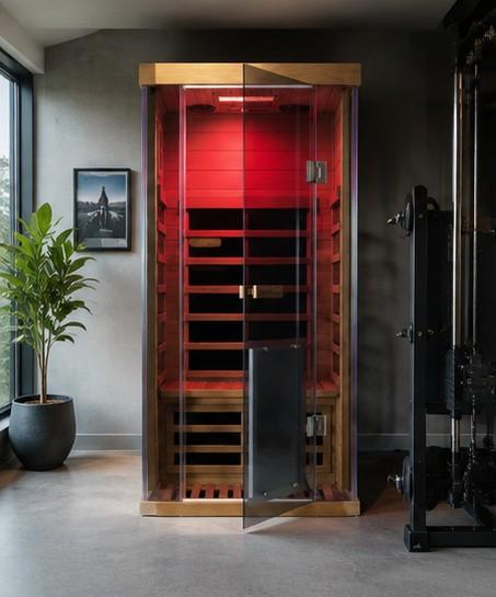 Sleek 2-person red cedar infrared sauna in modern home wellness space
