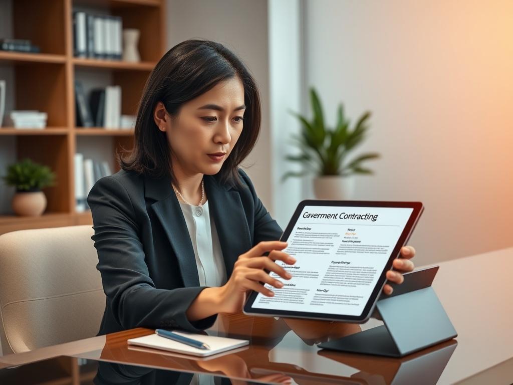 Create a realistic high-resolution photo featuring a professional at a sleek, modern desk, deeply engaged in reading a digital tablet displaying government contracting information. The subject is a middle-aged Asian woman, dressed in business professional attire, showcasing an expression of concentration and insight. The background should be softly blurred to keep the focus on the subject, suggesting an upscale office environment with minimalistic decor, such as a bookshelf filled with policy books and a po