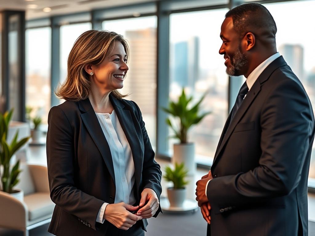 Create a realistic high-resolution photograph that visually represents the theme of "Building Relationships with Government Buyers." The composition should feature a confident, middle-aged business professional, a woman of Hispanic descent, standing in an office setting. She is engaging in a warm, face-to-face conversation with a government buyer, who is a Black man in his late 40s, dressed in a smart suit. Their expressions should convey trust and mutual respect, highlighting the importance of building rel