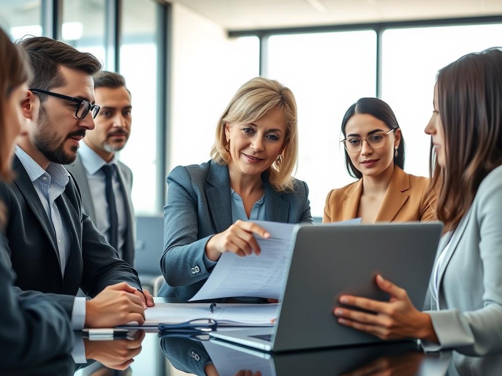 A close-up shot of a diverse group of professionals discussing a government contract strategy in a modern office setting. The focus is on a middle-aged woman pointing at a document on the table, with a laptop open next to her. The background features a large window with natural light illuminating the scene, creating a productive atmosphere. The color scheme should have elements of blue to match the rgb(40, 93, 225) primary color.