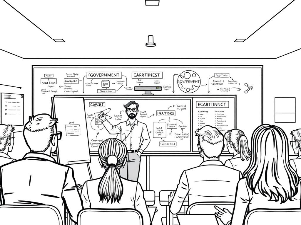A focused and engaging classroom setting with a diverse group of professionals learning about government contracting. The central figure, an instructor, stands at a whiteboard filled with diagrams and key terms related to government contracts. The background features attentive students taking notes, with a bright and encouraging atmosphere, emphasizing learning and collaboration.