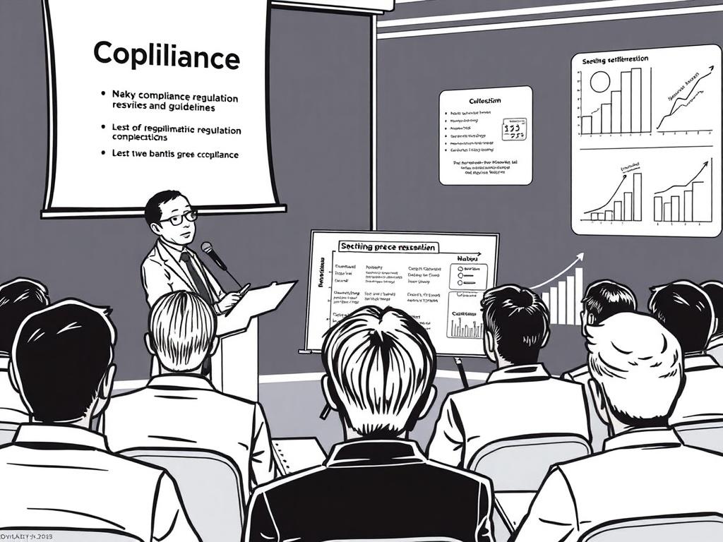 A professional setting with a compliance expert presenting to an audience. The speaker uses a projector to display key compliance regulations and guidelines. Attentive attendees take notes, with charts and graphs in the background illustrating compliance processes, creating a serious yet informative atmosphere.