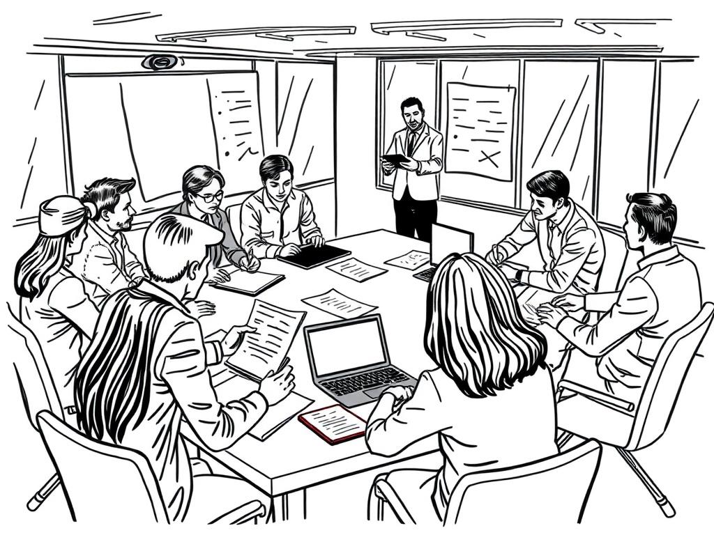 An interactive workshop scene where participants are engaged in writing proposals. A facilitator guides the group, with participants brainstorming and collaborating at tables covered with papers and laptops. The environment is vibrant and focused, highlighting teamwork and creativity in crafting effective proposals.
