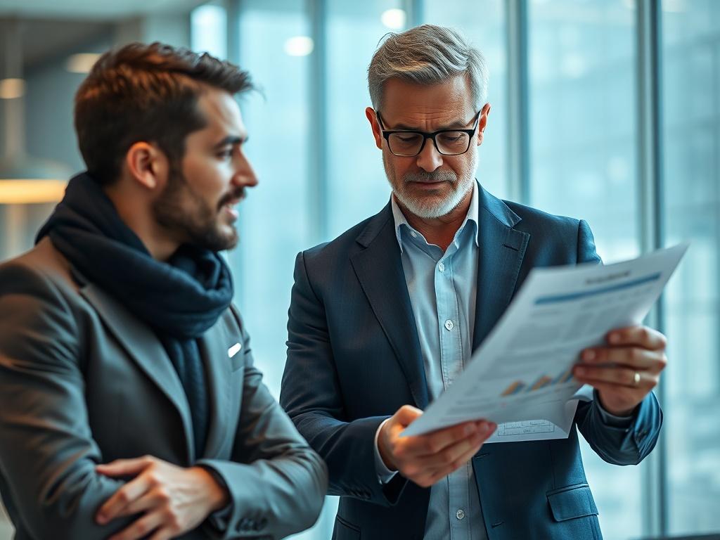 A hyper-realistic close-up shot of a confident business consultant engaging with a client in a modern office setting. The consultant, a middle-aged professional wearing a suit, is pointing at a detailed contract document while the client, a young entrepreneur, looks on attentively. The background is softly blurred to emphasize the interaction. The color palette features subtle shades of blue and green, creating a calming and professional atmosphere.