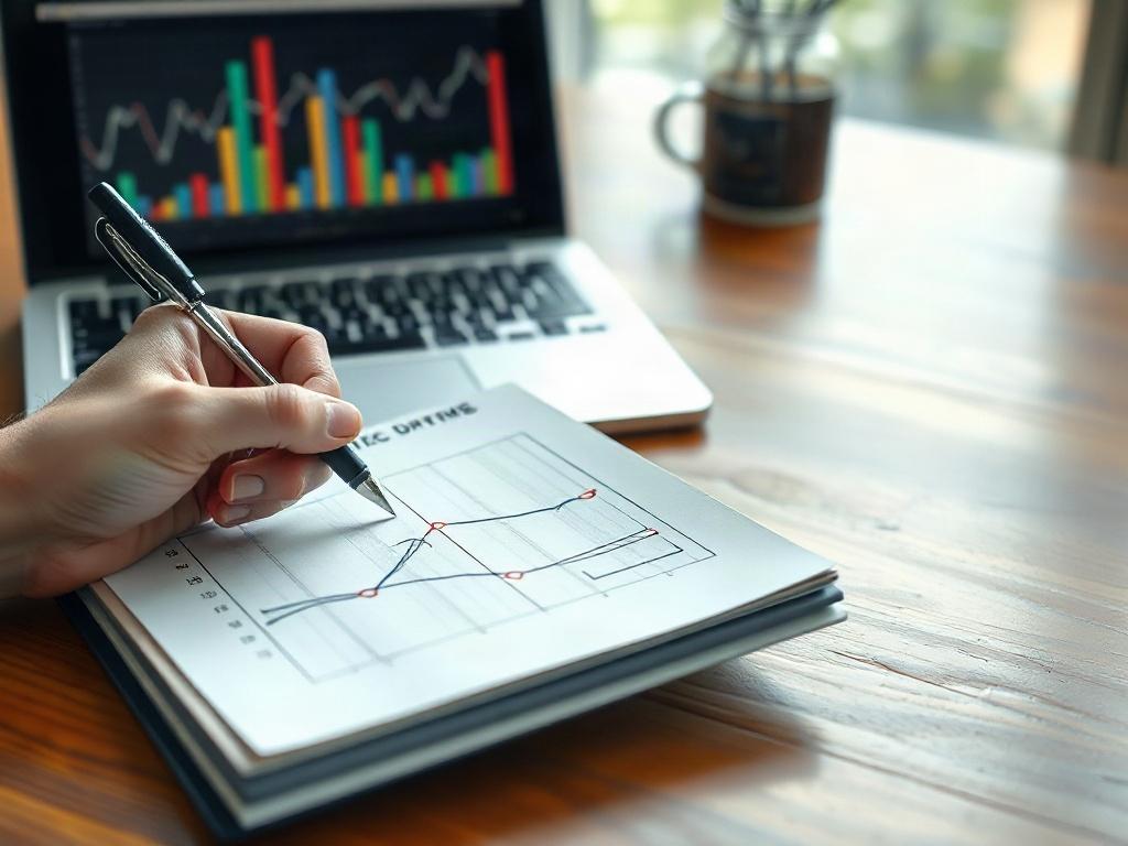 A close-up image of a hand writing on a notepad with a strategic plan outlined, while a laptop displays graphs in the background. The scene conveys a sense of planning and strategy, shot with a 45mm f/1.2 lens.