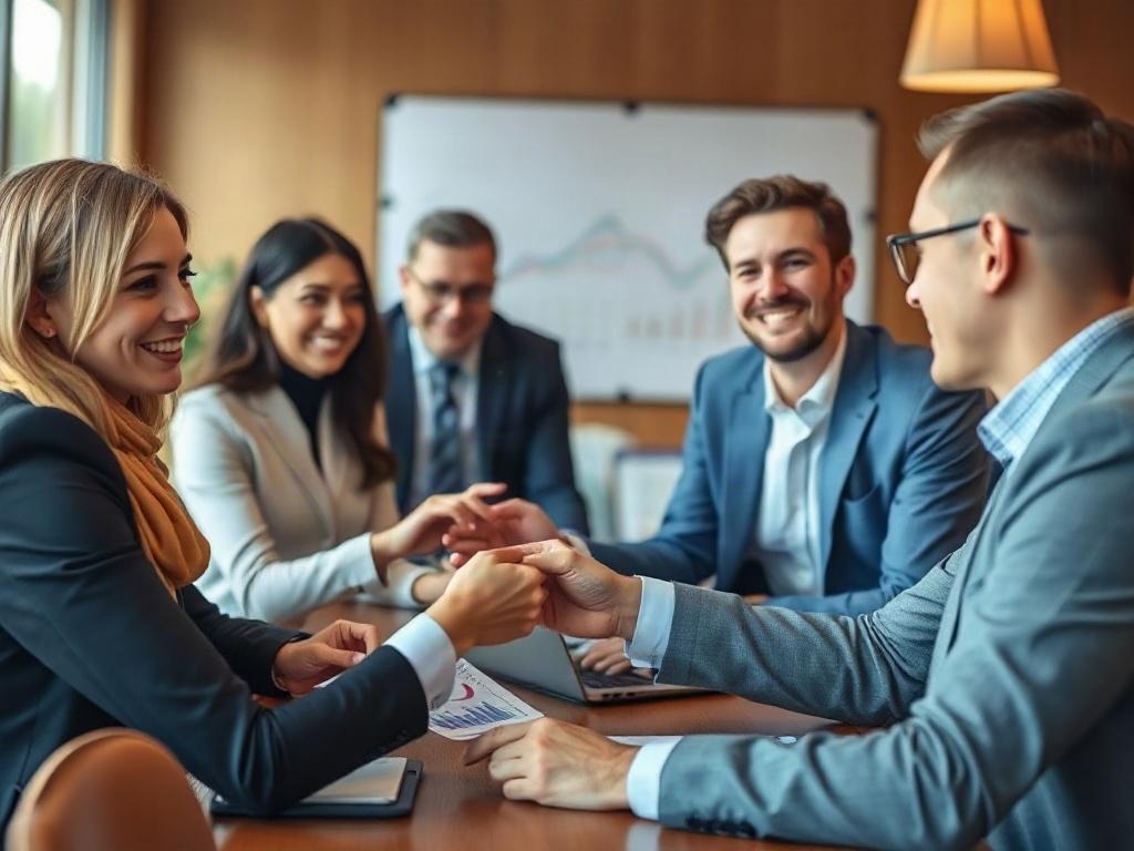 A close-up shot of a successful business meeting where professionals are celebrating a deal, with sales graphs showing upward trends in the background. The atmosphere is filled with positivity and achievement, shot with a 45mm f/1.2 lens.