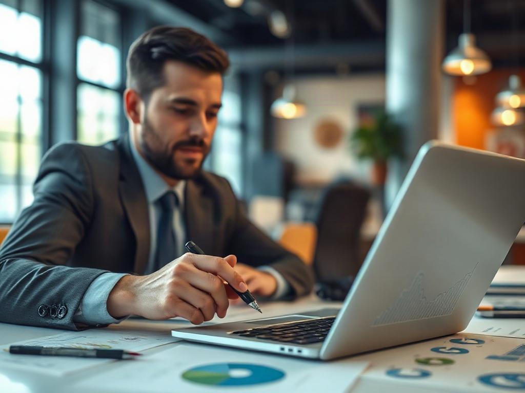 A close-up shot of a business professional analyzing data on a laptop, surrounded by charts and graphs. The background is a modern office with a soft focus, emphasizing the subject's intense concentration on the data, shot with a 45mm f/1.2 lens.