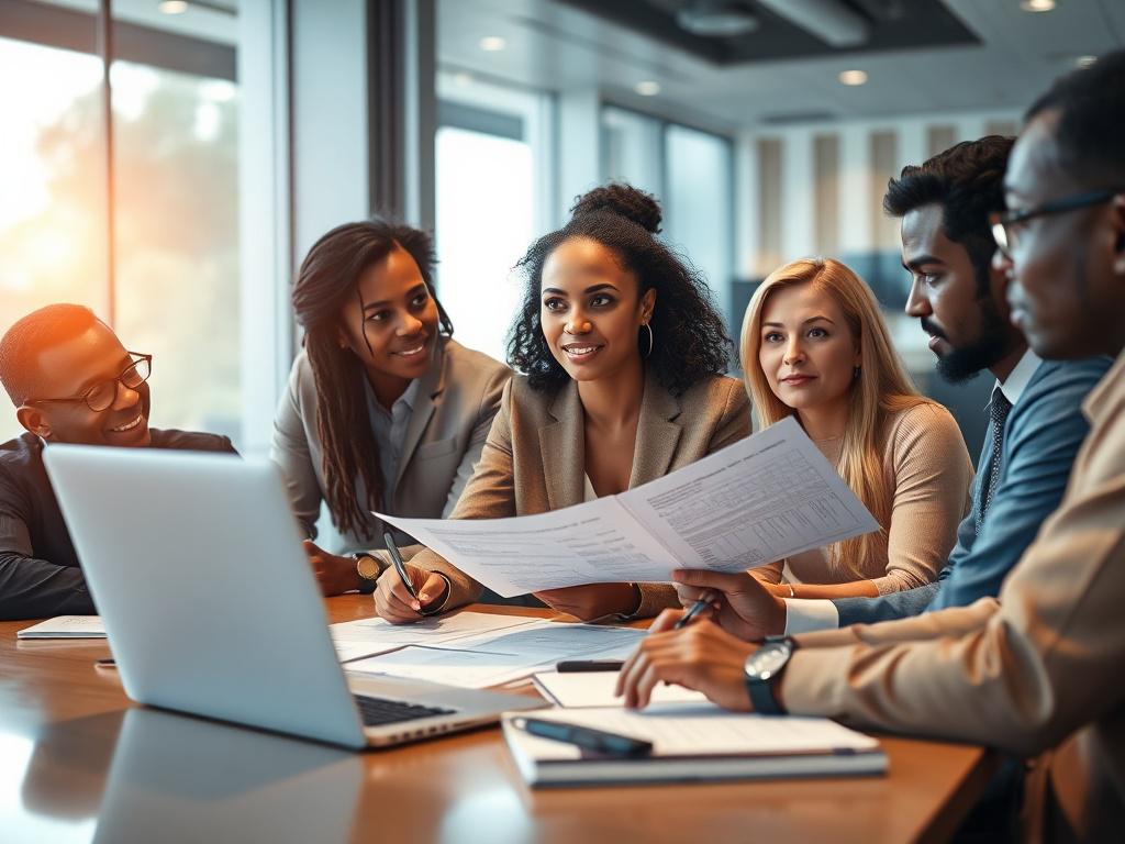 A close-up shot of a diverse group of professionals engaged in a strategic meeting, showcasing a blend of individuals from different backgrounds. The setting features a modern conference room with a large table, laptops open, and documents spread out. The focus is on a female leader presenting a business plan, with attentive colleagues listening and taking notes. The lighting is warm and inviting, highlighting the faces of the participants and the details of the documents. The colors are vibrant, primarily 