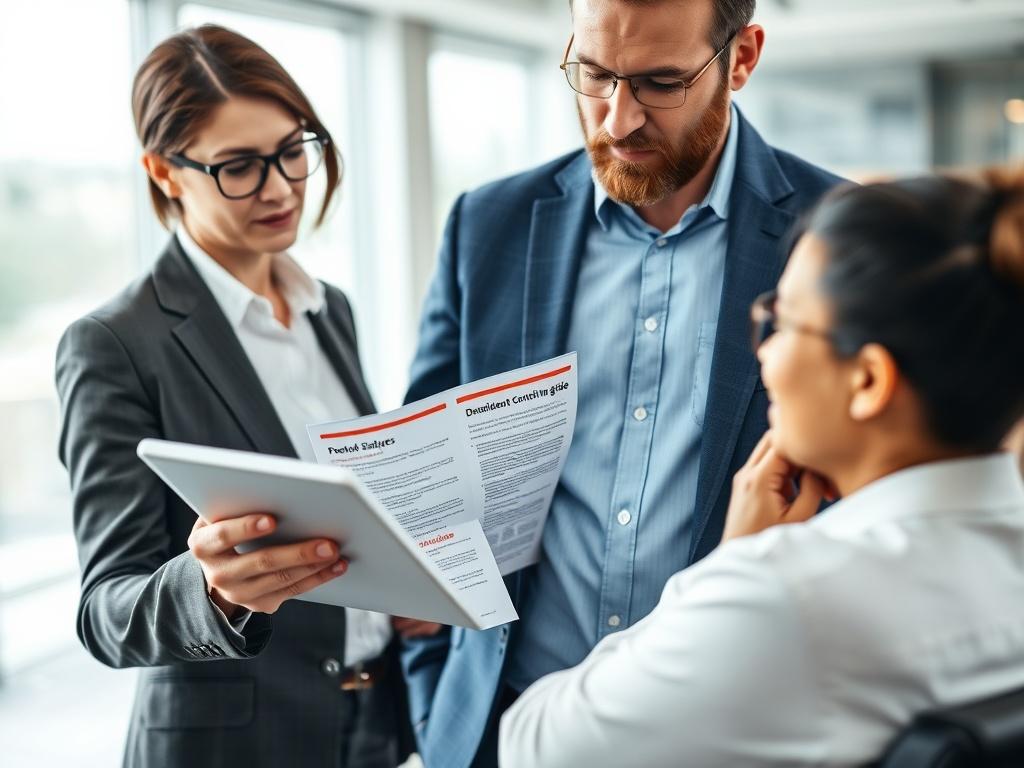 A close-up shot of a professional consultant discussing strategies with a client in an office setting. The consultant is showing a detailed government contracting guide on a tablet. The background features a modern office with soft lighting. The image should capture the engagement and focus of both individuals, with the consultant's expressive gestures emphasizing the importance of the discussion.