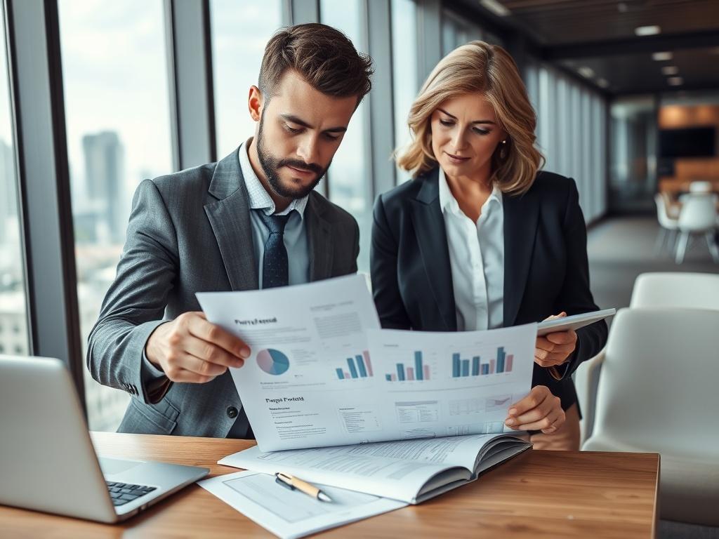 A focused image of a consultant and a client working together on a proposal document. The consultant, a young man in a suit, points at key sections of the proposal while the client, a middle-aged woman, takes notes. The setting is a modern office with a large window and a view of the city.