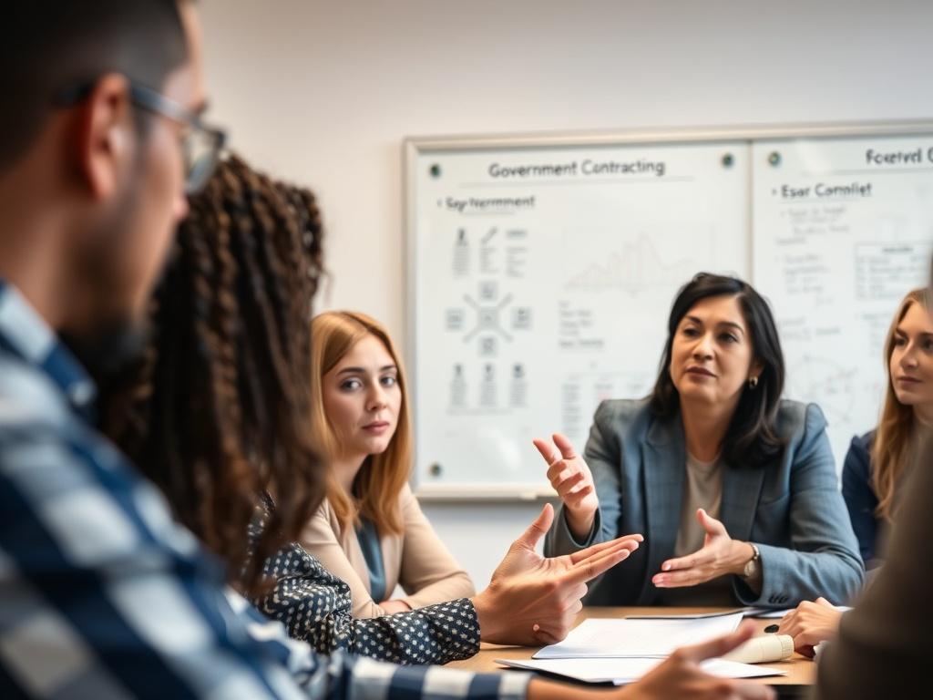A close-up of a professional trainer explaining government contracting concepts in a classroom setting. The trainer, a middle-aged woman, is engaging with a diverse group of attentive participants. The background features a whiteboard with diagrams and notes related to government contracting. The lighting is bright, emphasizing a focused learning environment.