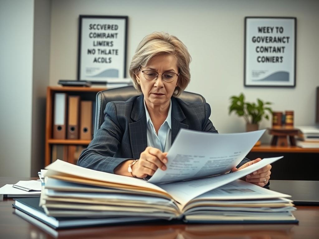 An image depicting a compliance officer reviewing documents for a government contract. The officer, a middle-aged woman in formal attire, is seated at a desk surrounded by files and legal books. The background shows a well-organized office space with a motivational poster on the wall.