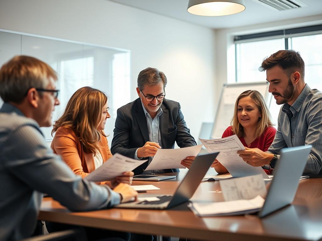 A close-up shot of a team working on a government contract proposal in a well-lit conference room. The team members are actively collaborating, reviewing documents, and brainstorming ideas. The atmosphere is one of focus and determination. The background includes a whiteboard with notes and a laptop open with proposal drafts. The image is shot with a 45mm f/1.2 lens style, capturing the details of teamwork and creativity.