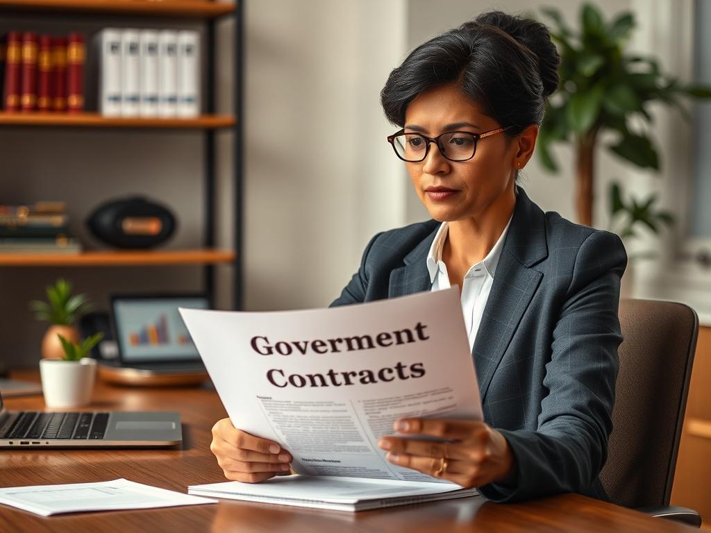 Create a realistic, high-resolution photo featuring a professional-looking individual sitting at a well-organized desk, contemplating a document titled "Government Contracts." The subject should be a middle-aged, diverse woman wearing business attire, with a focused and contemplative expression. 

The composition should be simple and clear, centered on her as the only subject in the image. The background should feature a softly blurred office environment with warm lighting, including elements such as a shel
