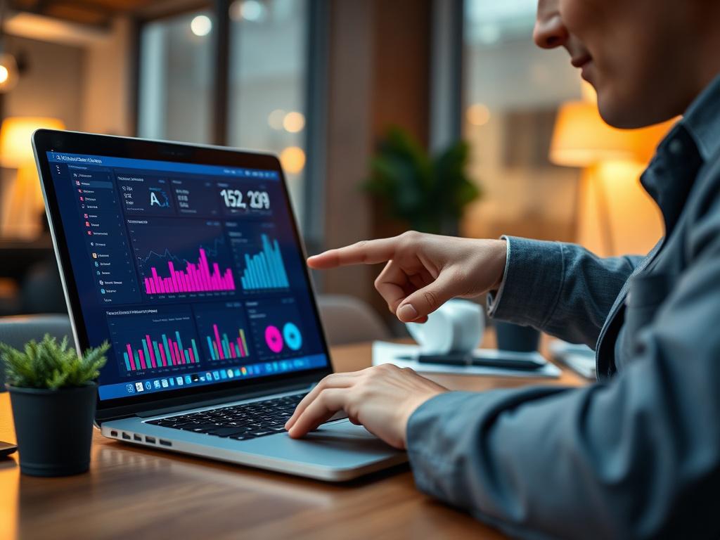 A close-up shot of a professional digital marketer analyzing social media analytics on a laptop. The scene shows a modern workspace with a sleek laptop open to a vibrant dashboard displaying graphs and metrics. The marketer, a focused individual in business casual attire, is pointing at the screen, illustrating strategic planning. The background is softly blurred, emphasizing the subject, with warm lighting that creates an inviting atmosphere. The primary color theme incorporates rgb(50, 170, 39) throughout