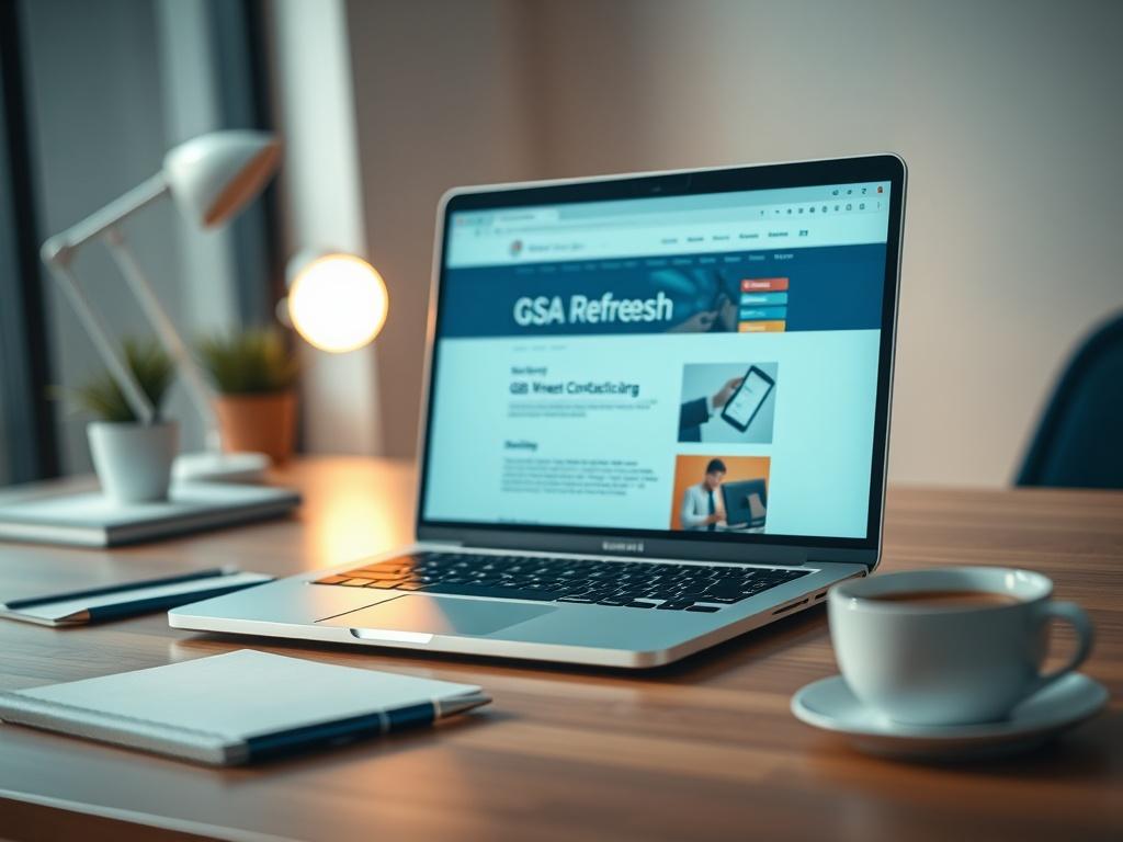 Create a realistic high-resolution photo that visually represents a blog post titled "GSA Refresh 29". The image should showcase a single subject: an open laptop displaying a government contracting website on the screen. The laptop should be positioned centrally on a sleek, modern workspace desk, symbolizing a professional environment. 

In the background, include subtle details like a notepad, a pen, and a cup of coffee to enhance the workplace atmosphere, but ensure they do not overshadow the laptop. The 