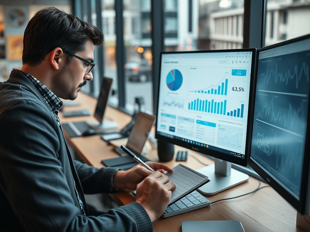 A close-up shot of a market researcher analyzing data on a computer screen filled with charts and graphs. The researcher, a focused individual, has a notepad and pen in hand, jotting down insights. The background is a modern office filled with analytical tools and a large window showcasing a busy street, conveying an atmosphere of insight and activity.