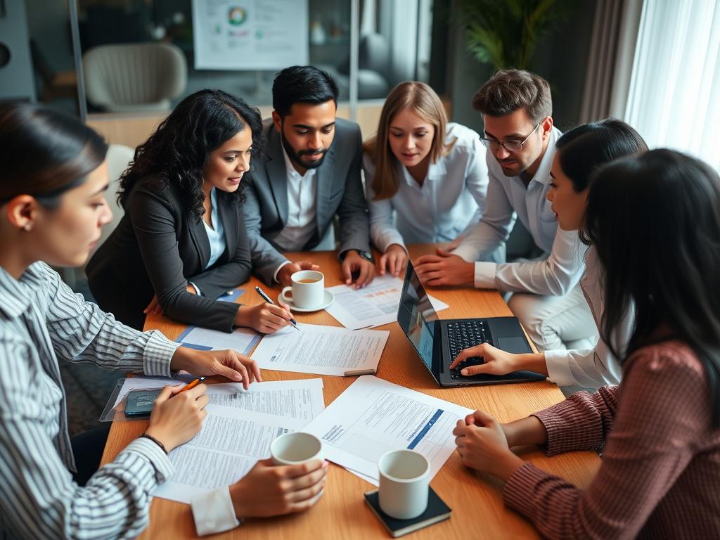 A close-up shot of a diverse group of professionals collaborating over a government contract proposal. They are gathered around a table filled with documents, laptops, and coffee cups, showcasing a dynamic and focused atmosphere. The background is softly blurred to emphasize the teamwork and concentration of the group, using a color palette that incorporates the primary color rgb(40, 93, 225) for a cohesive look.