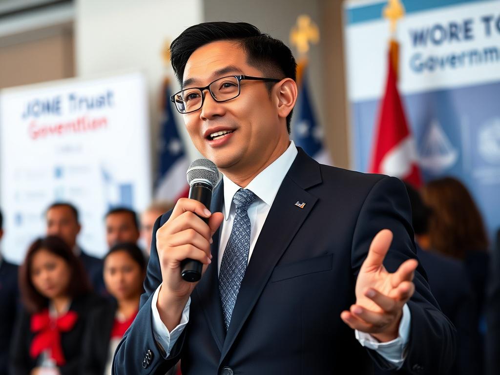 A confident business professional wearing formal attire, standing in front of a government event backdrop. The individual is engaging with an audience, gesturing with one hand while holding a microphone. The background features subtle elements of a government event, like flags and informational banners. The image should be shot in high resolution with a focus on the subject's facial expressions, showcasing enthusiasm and professionalism. The color scheme aligns with the primary color rgb(40, 93, 225), creat