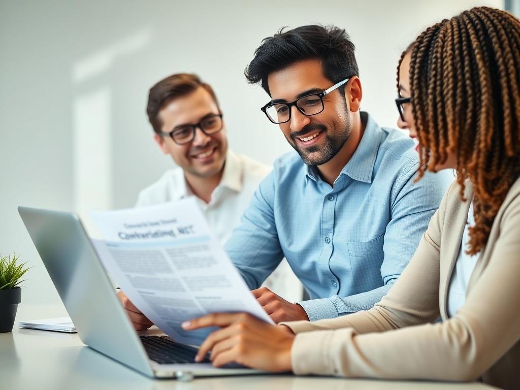 A focused close-up shot of a business consultant engaging with a small business owner in a modern office setting, showcasing a laptop with government contracting documents open. The background is minimalistic and professional, emphasizing the consultant's attentive expression and the owner's enthusiasm. The lighting is bright and inviting, highlighting the interaction between the two subjects.