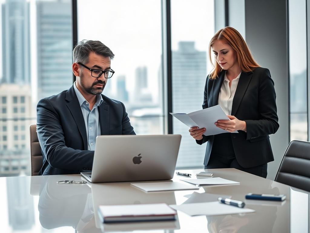 Create a realistic high-resolution photo featuring a professional business consultant (the subject) sitting at a sleek, modern desk in a well-lit office environment. The consultant, a middle-aged man with short dark hair and glasses, is dressed in a tailored navy suit and a light blue shirt, actively engaged in discussion with a government buyer over a laptop. The buyer, an approachable woman in her late 30s, wears a smart-casual outfit and is reviewing documents with a thoughtful expression. 

The composit
