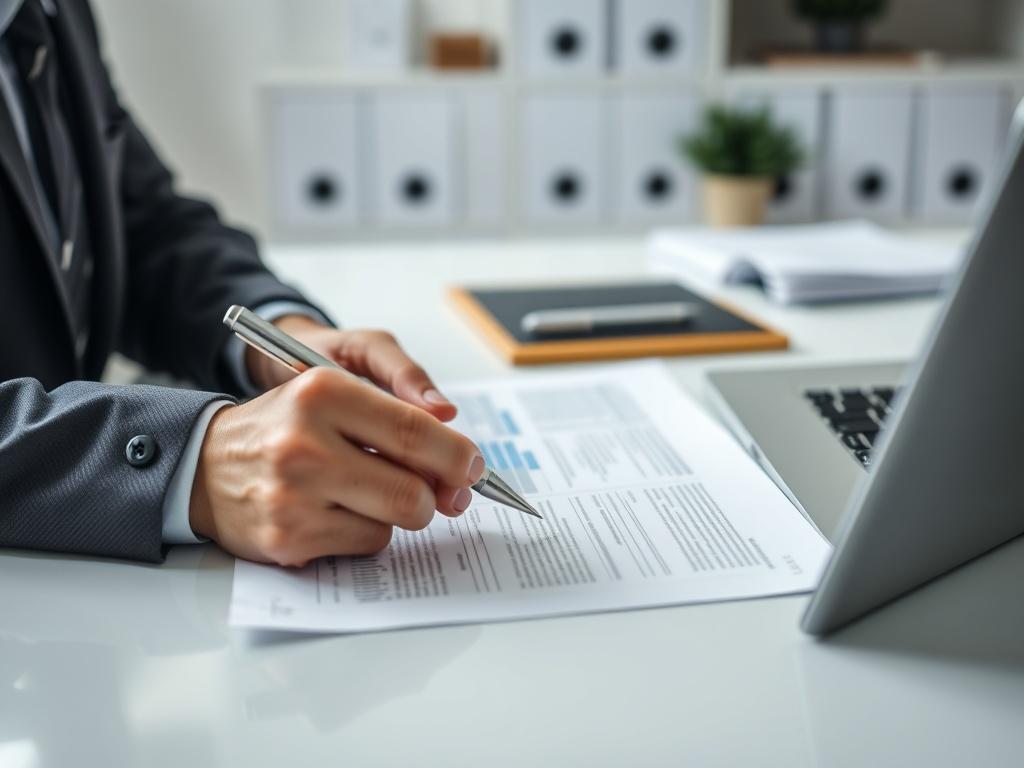 A close-up shot of a business professional reviewing government contract documents on a desk, with a pen in hand and a laptop open. The background features a clean, organized workspace with soft lighting. The image should capture the focus and determination of the professional, showcasing the importance of understanding government contracting.
