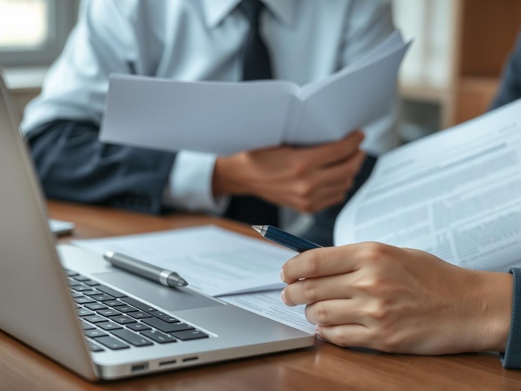 A close-up shot of a compliance officer reviewing regulations and guidelines, surrounded by legal documents and a laptop. The background should convey a professional and serious environment, emphasizing the importance of compliance in government contracts.