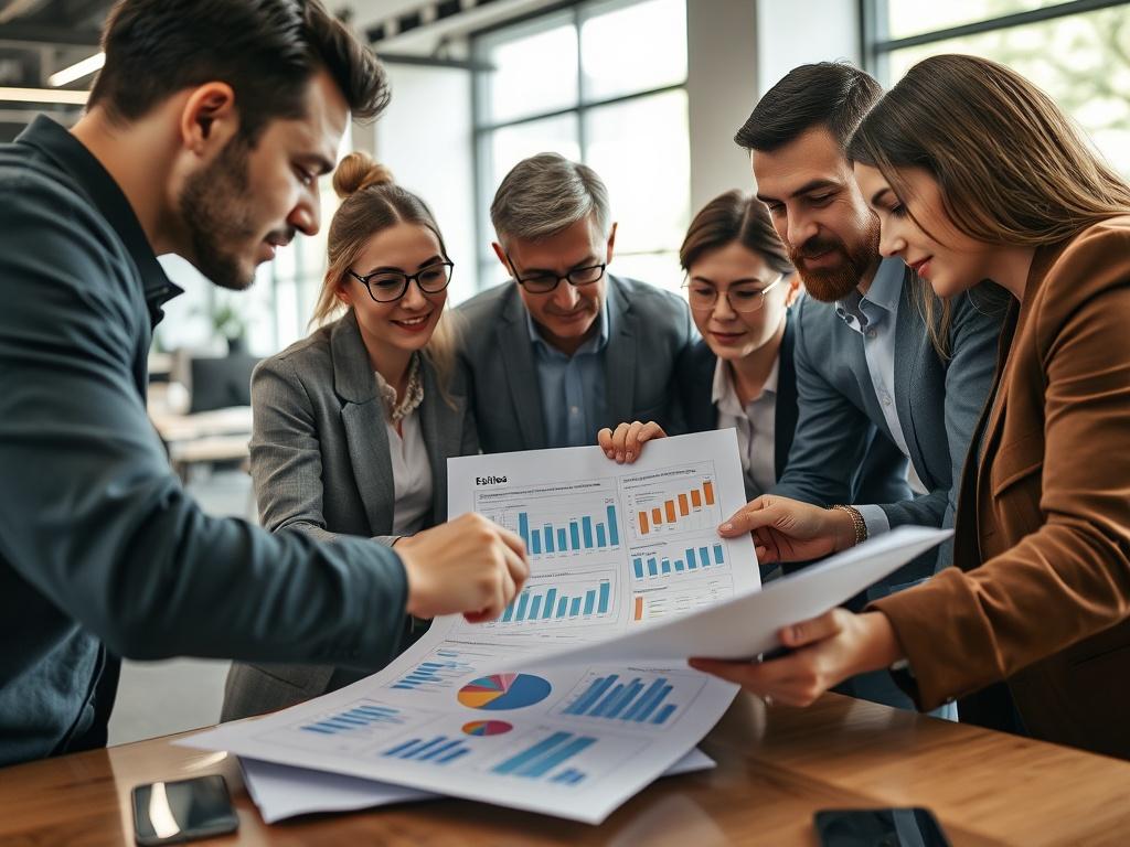A close-up shot of a team collaborating over a bid proposal document, with charts and graphs visible. The atmosphere is focused and energetic, showing a diverse group of professionals brainstorming ideas. The background should be a modern office setting with natural light enhancing the productivity vibe.