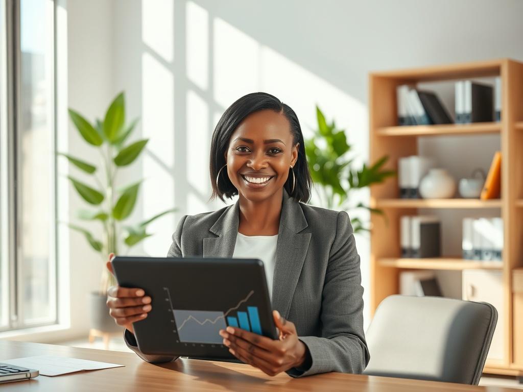 **AI Image Generation Prompt:**

Create a realistic high-resolution photo that captures the essence of a blog titled "Pathways 2 Government Contracting is your NEW support team." The composition should be simple and clear, featuring a confident business consultant as the sole subject. The consultant, a mid-30s African American woman dressed in a smart, professional outfit, should be sitting at a well-organized desk, smiling warmly while holding a tablet displaying charts and graphs that represent growth and